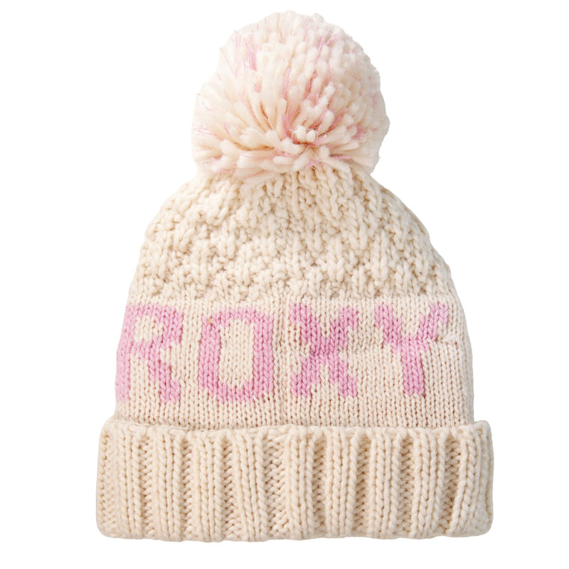 The Roxy Girls Tonic Beanie in Egret features a thick folded brim, a cozy polar fleece-lined interior for extra warmth, and a large pom-pom on top. “ROXY” is written in pink letters across the front, adding winter style to this cream-colored knit beanie from Roxy.