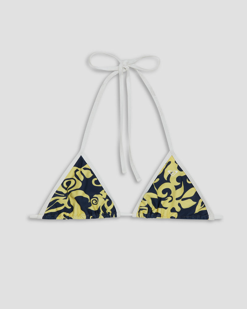 The Roxy Kauai Bikini Top is a navy blue and yellow string-tie top with white trim and halter neck ties, featuring an abstract flame-inspired Hawaiian print. Adjustable for a perfect fit.