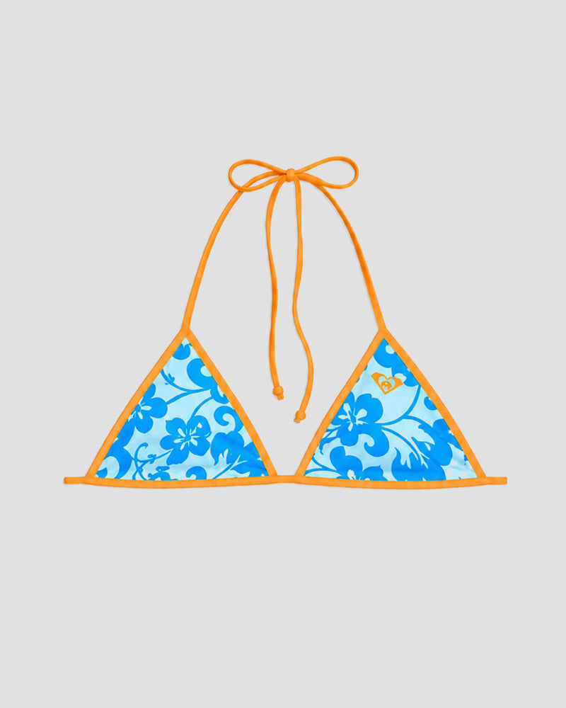 The Roxy Kauai Bikini Top is a blue floral triangle style with orange trim and halter neck ties, made from soft swim fabric. Shown on a plain light gray background.