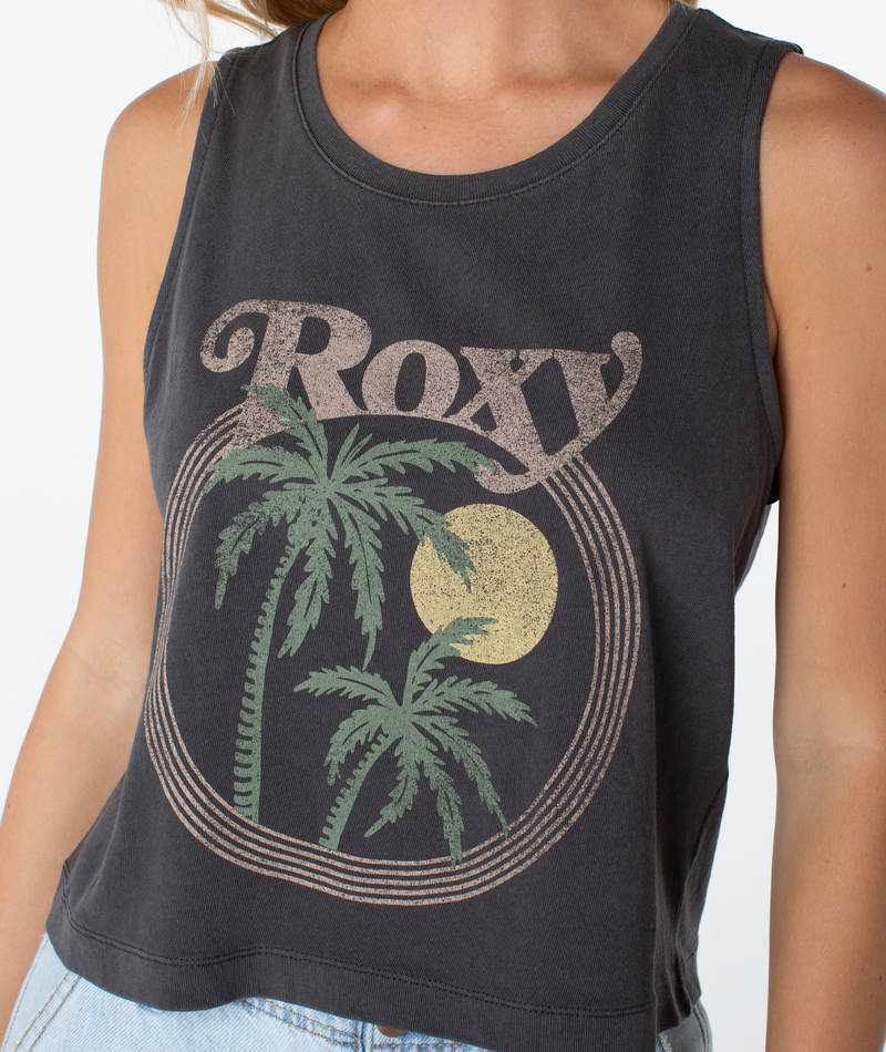 Charcoal grey Palm Tree Resort Wildflower Tank featuring a graphic of palm trees and a sun inside a circular frame, with the text ROXY above it.