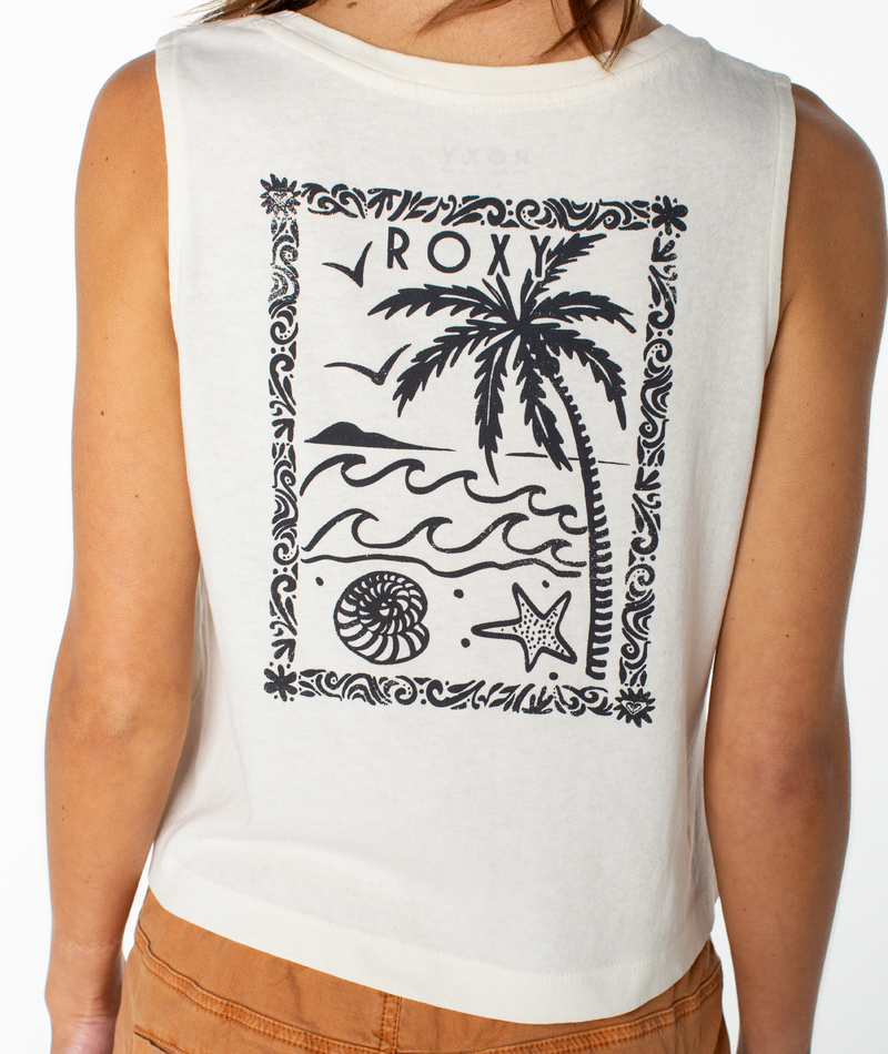 Wearing the Roxy Palm Poster Wildflower Tank—a sleeveless white top with a black beach-themed graphic of a palm tree, waves, birds, a shell, and a starfish—adds effortless tomboy style with beachy chic; “ROXY” is printed on the back for an iconic finish.