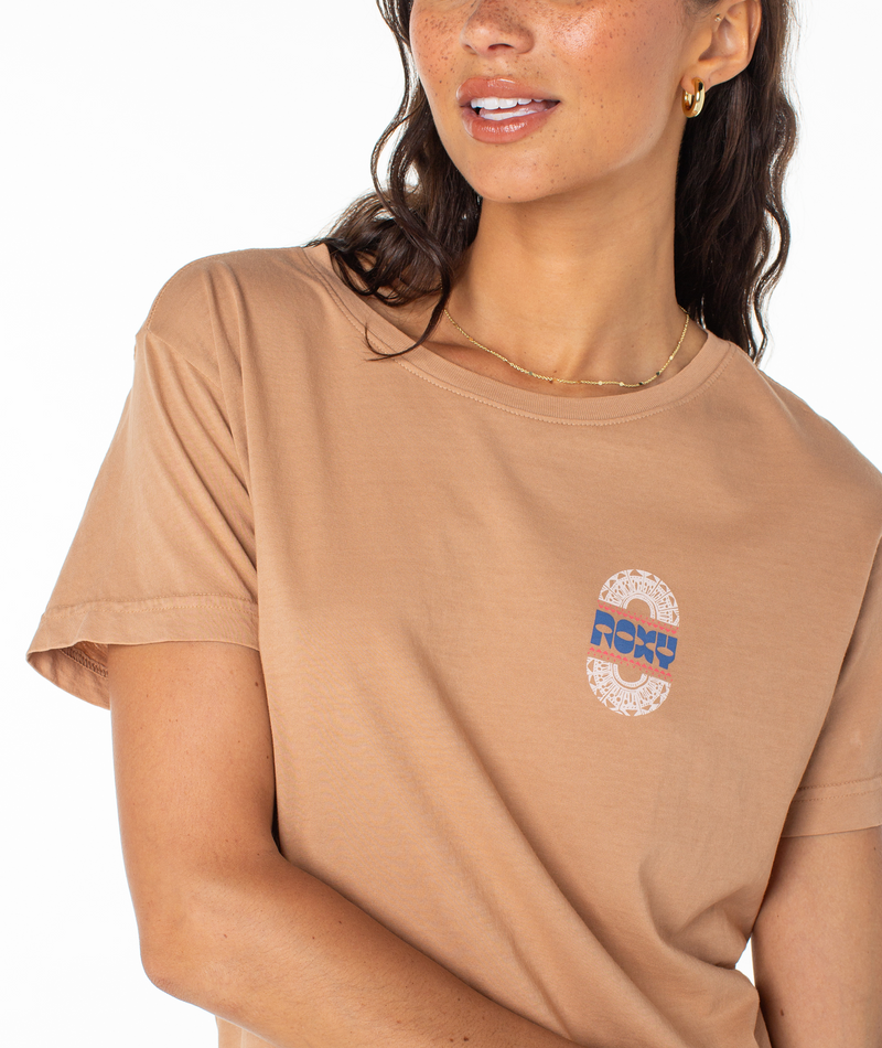 Tan Roxy Besos Tee crew neck t-shirt with a small circular logo graphic on the chest.