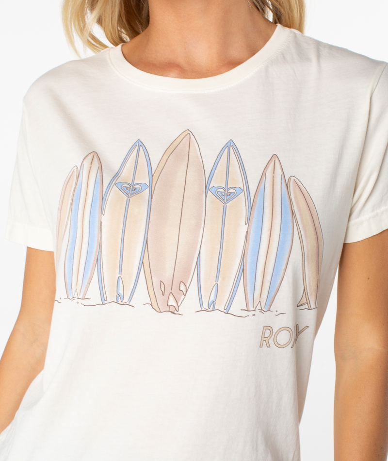 Roxy Dad Vibes Surfboard Tee: an off-white short-sleeved beachy lounge top featuring a graphic illustration of several surfboards standing in the sand.