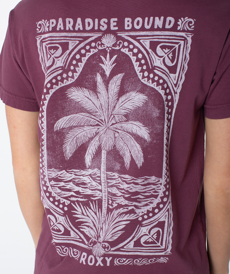 Back of a maroon Roxy Simple Palm Top featuring a screen print of a palm tree above ocean waves, framed by decorative borders with the text PARADISE BOUND.