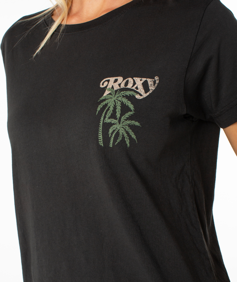 Black Palm Tree Resort Top with a crew neck and a chest graphic featuring palm trees and the word Roxy in a distressed font.