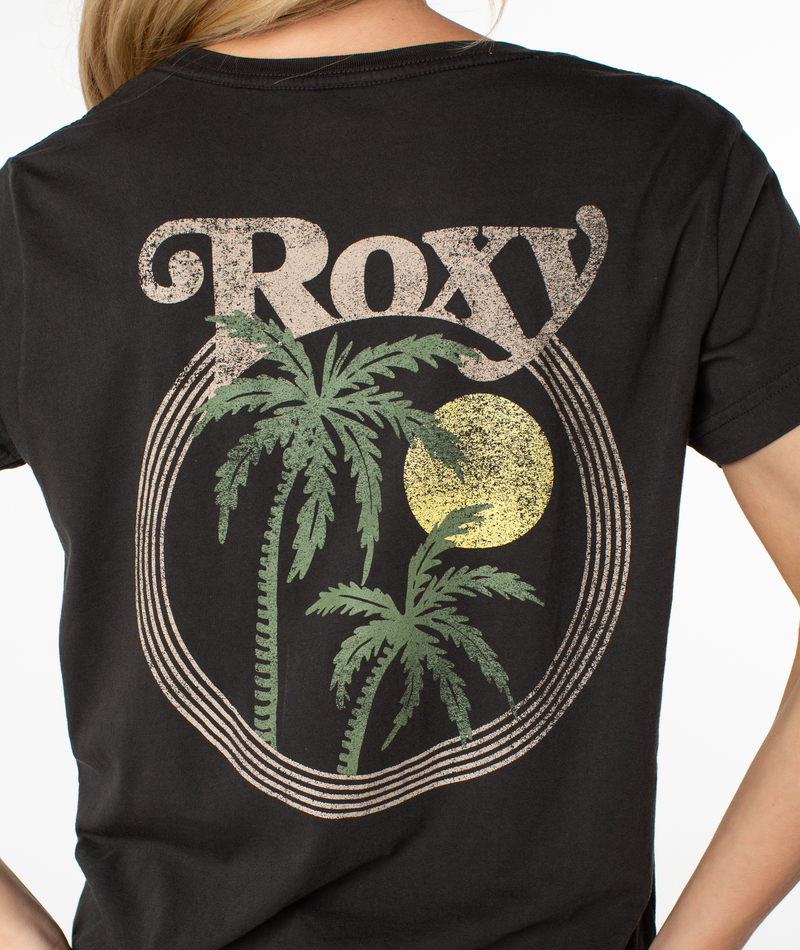 Black Palm Tree Resort Top featuring a slouchy graphic on the back with palm trees, a sun, and circular lines below the word Roxy.