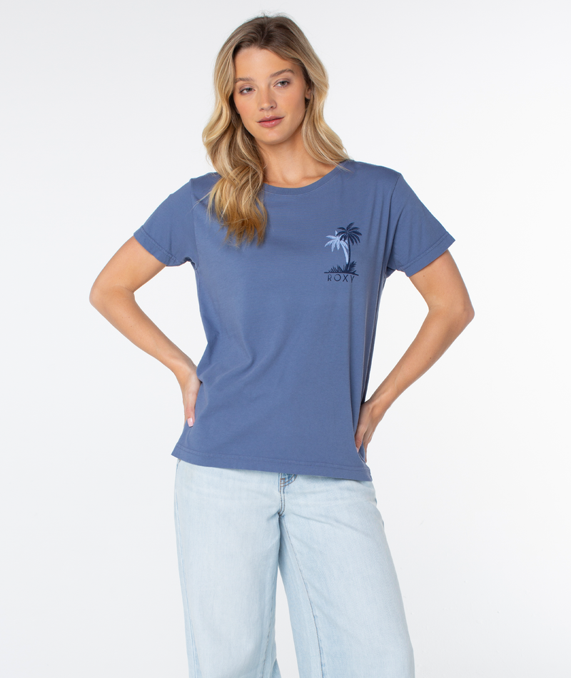 A blue, slouchy short-sleeved Roxy Palm Geo Top with a small palm tree graphic and brand text on the chest.
