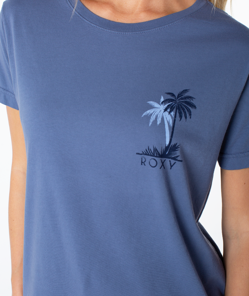 Roxy Palm Geo Top: a blue crew-neck slouchy t-shirt with a palm tree graphic and text printed on the left chest.