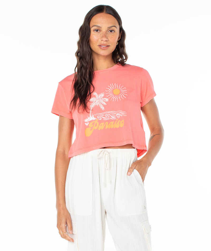 A sugar coral Roxy Paraiso Screen Tee featuring a white and yellow graphic of a sun, a palm tree, and the word Paraiso.