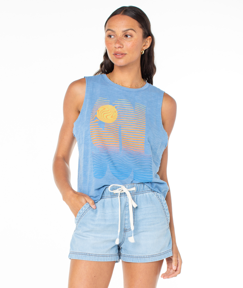 Roxy Sol Tee, a sleeveless blue muscle tank top featuring a graphic of a yellow sun over wavy horizon lines.