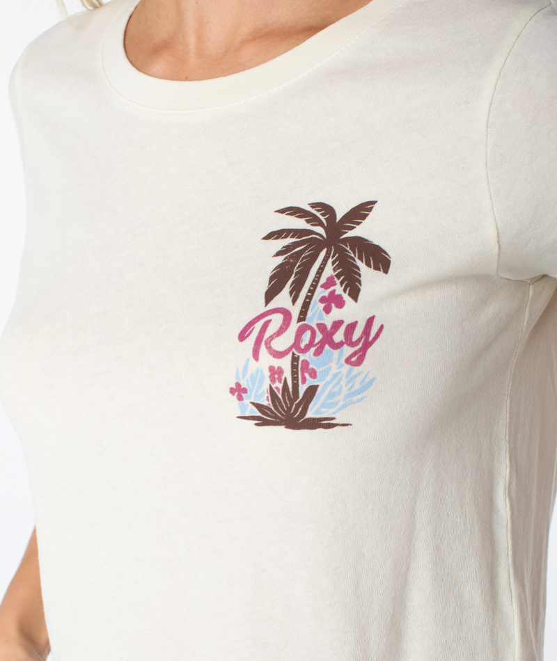 Off-white Moon Beach Top with a breezy fit, featuring a chest graphic of a palm tree and the word Roxy in cursive script.