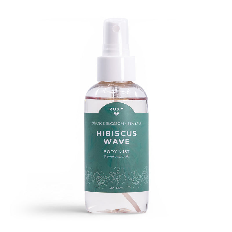 A clear 4 oz (125 ml) Roxy Hibiscus Wave Body Mist bottle with a white pump and teal label features the Orange Blossom + Sea Salt scent, blending citrus perfume notes.