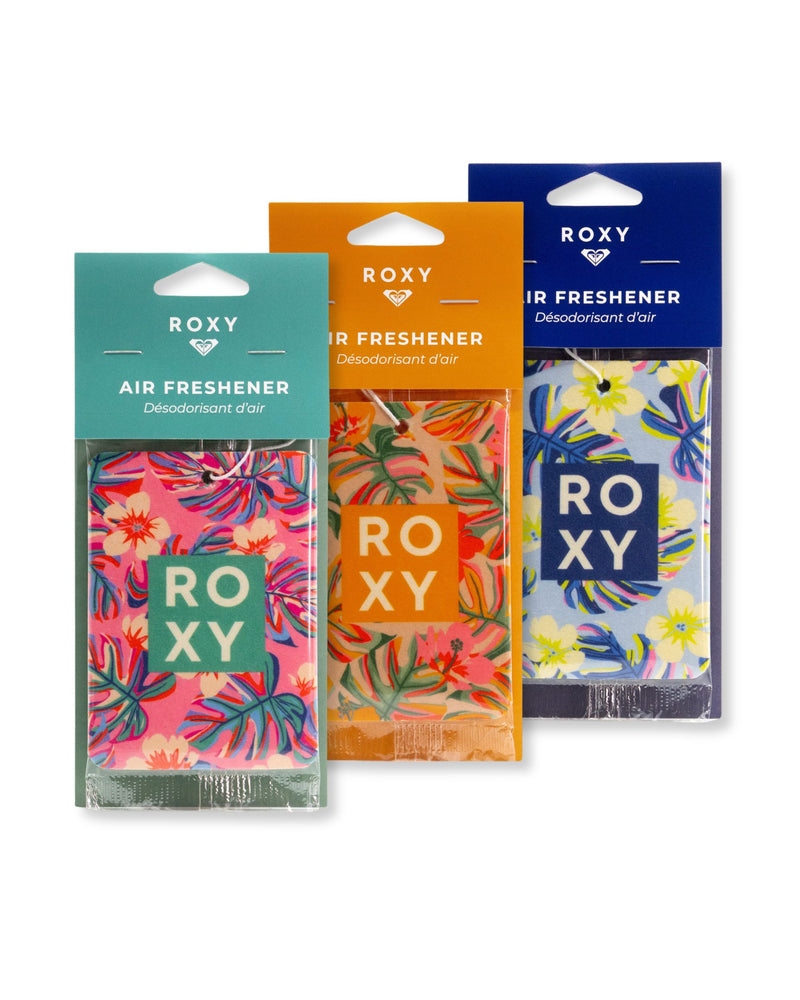 The ROXY Air Freshener 3-Pack Variety Pack features three air fresheners in vibrant floral packaging—teal, orange, and navy—each adorned with coordinating floral designs and the ROXY brand name on the front. These coastal-inspired scents are ideal for use as a car fragrance or to freshen up any room.