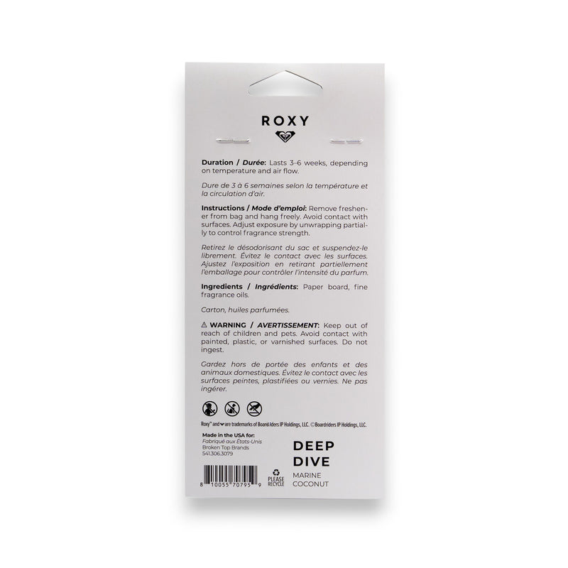 Back of a Roxy Deep Dive Palm Air Freshener package with instructions, warnings, ingredients, and product info in English and French on a white background; features coconut and marine breeze notes.