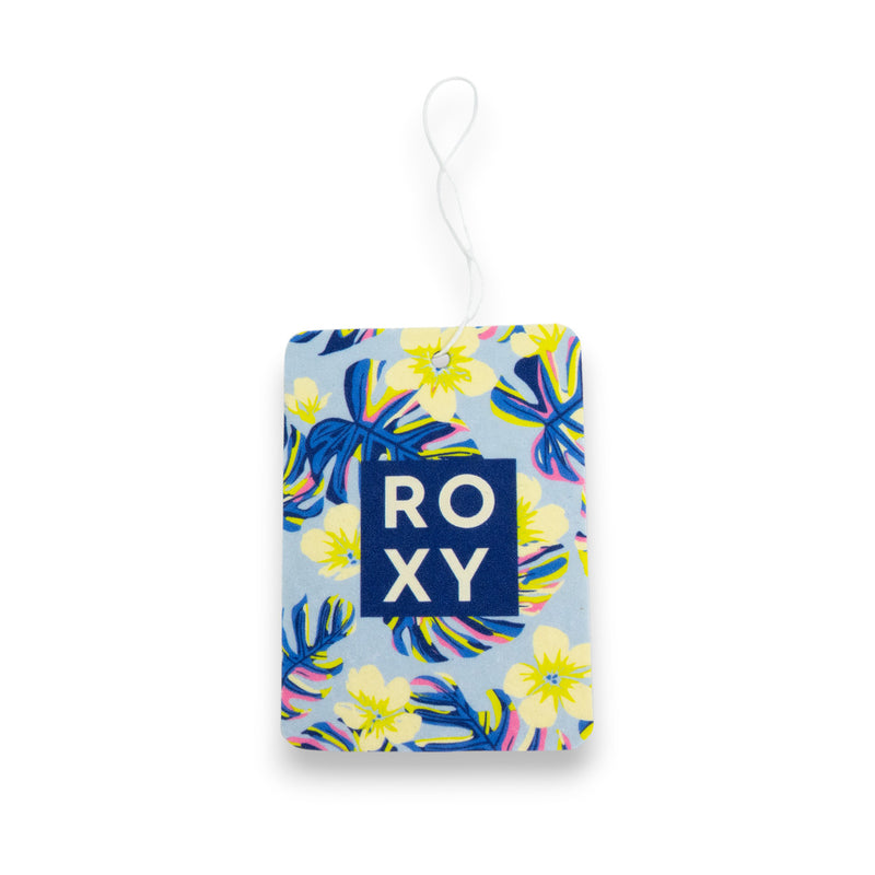 The Roxy Deep Dive Palm Air Freshener features a blue, yellow, and purple tropical floral design with "ROXY" in white on a blue square. It has a marine breeze scent and hangs easily by its attached white string.