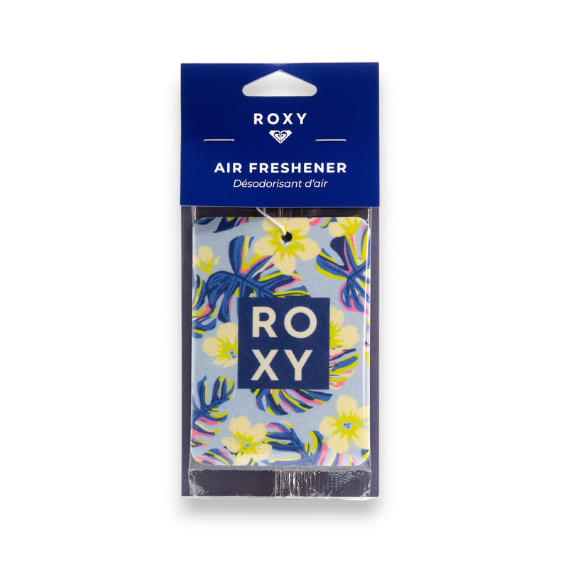 The Roxy Deep Dive Palm Air Freshener comes in packaging with a floral pattern of yellow flowers and dark blue leaves. "ROXY" appears in white on a blue square, and it features a refreshing marine breeze scent.