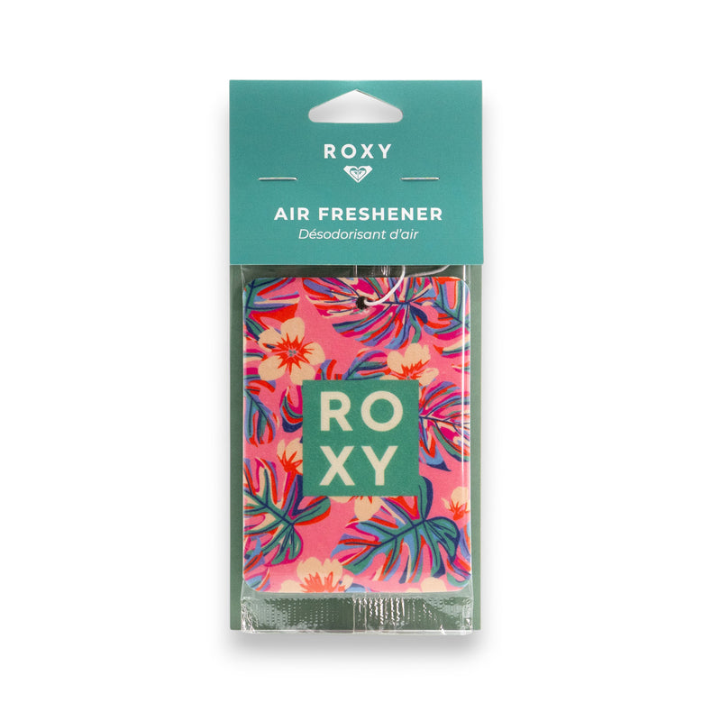 The Roxy Hibiscus Wave Palm Air Freshener features a colorful floral design on pink and a teal header, labeled in English and French, delivering a vibrant tropical and coastal scent to refresh any space.