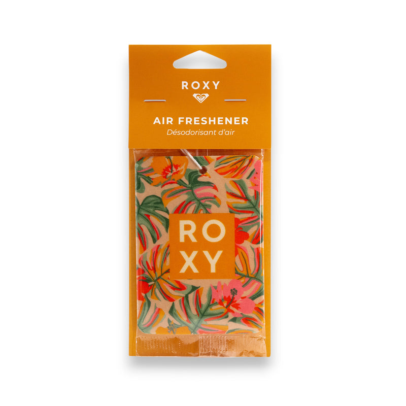 A Roxy Sun Drift Palm Air Freshener package with tropical floral patterns and bold white ROXY lettering inside. Enjoy a sunlit papaya scent. Packaging features English and French text.