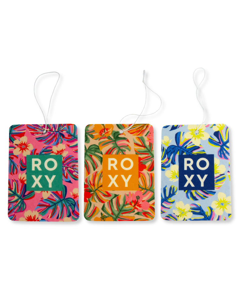 Enjoy the ROXY Air Freshener 3-Pack Variety Pack—three rectangular air fresheners featuring tropical floral patterns with “ROXY” at the center, each in a unique color combination and finished with white hanging strings. This stylish collection is perfect for infusing your car with refreshing coastal scents and a breezy, laid-back vibe wherever you go.