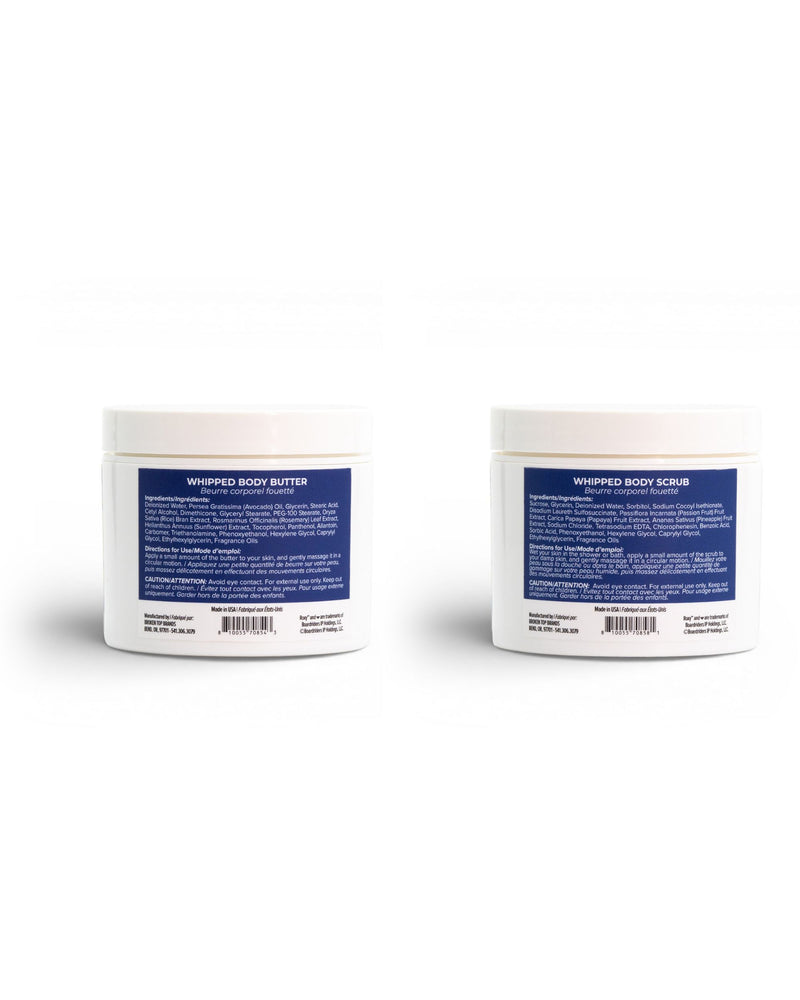 The ROXY Deep Dive Body Butter & Scrub Bundle includes two white jars with blue labels—one to hydrate, the other to exfoliate—both infused with subtle marine notes for an elevated skincare experience.