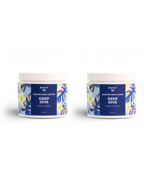 The ROXY Deep Dive Body Butter & Scrub Bundle, with marine and coconut scents for exfoliated and hydrated skin, is displayed side by side on a white background.