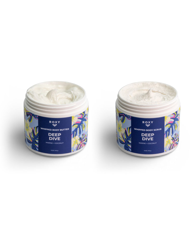 The ROXY Deep Dive Body Butter & Scrub Bundle features two jars with floral-patterned labels, revealing creamy formulas that exfoliate and hydrate skin.