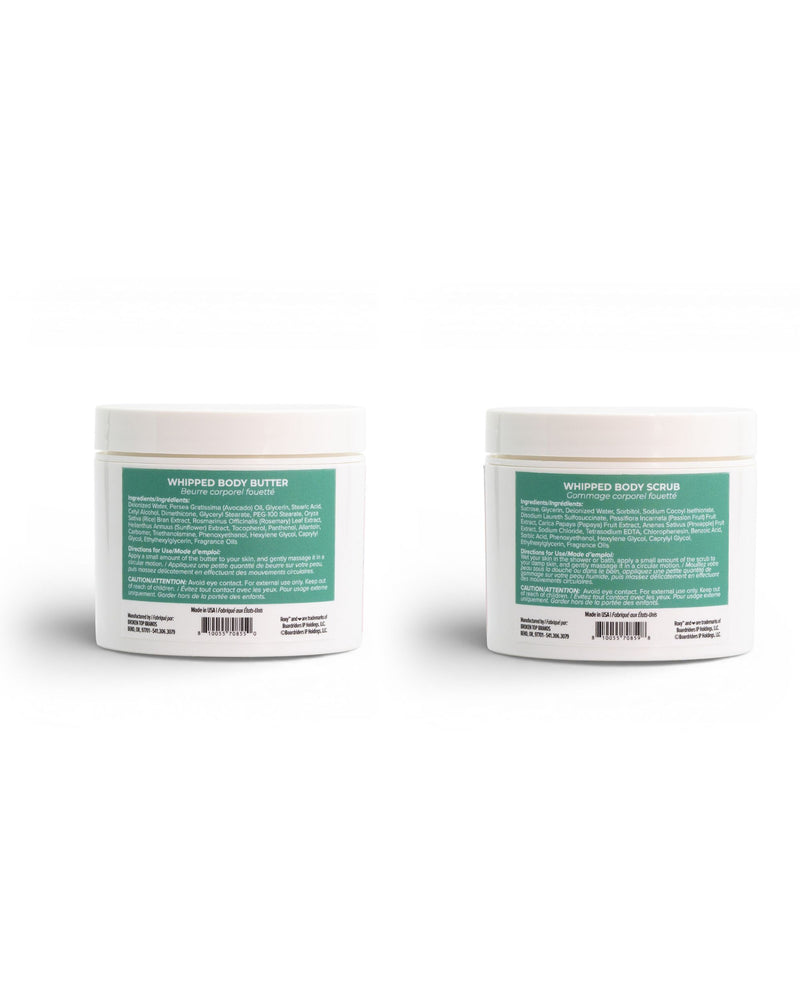 Two white jars with teal labels from ROXY are displayed from the back, showcasing product details. The left jar is labeled Whipped Body Butter and the right, Whipped Body Scrub—both part of the Hibiscus Wave Body Butter & Scrub Bundle. Each formula exfoliates, hydrates, and smooths for radiant skin.