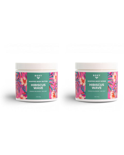Indulge in radiant skin with the ROXY Hibiscus Wave Body Butter & Scrub Bundle—featuring two jars with vibrant green labels and floral designs. This luxurious set blends orange blossom and sea salt to exfoliate, hydrate, and smooth your skin for a luminous glow.