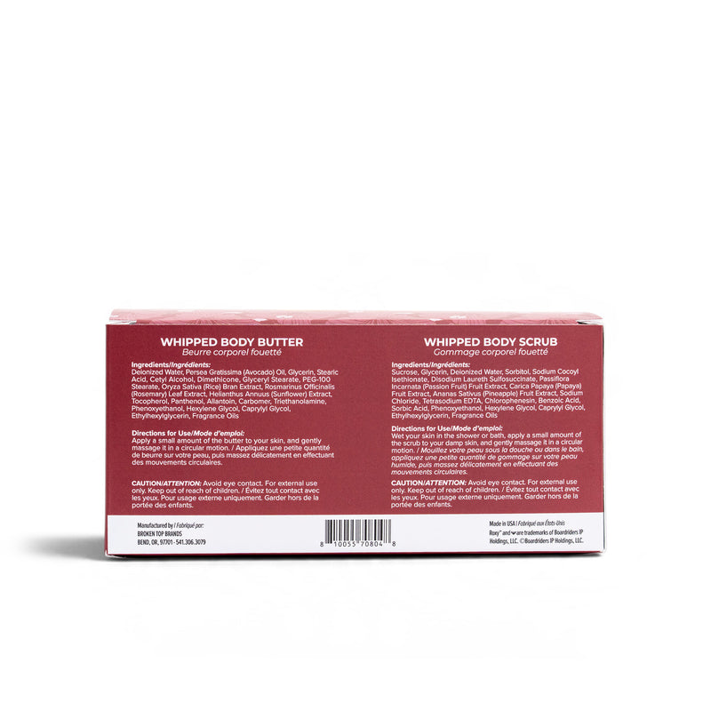 The back of a rectangular Apres Shimmer Holiday Luxury Spa Set body-care ritual box featuring ingredients, directions, and safety warnings for a body scrub in English and French, with a barcode at the bottom.