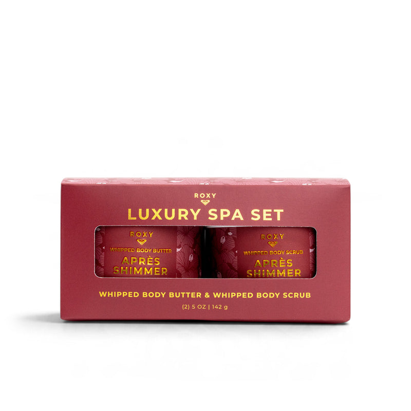 Apres Shimmer Holiday Luxury Spa Set gift box containing one jar of whipped body butter and one jar of whipped body scrub for a complete body-care ritual.