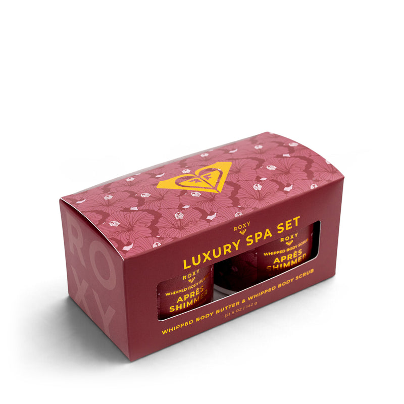 Apres Shimmer Holiday Luxury Spa Set featuring a boxed collection of two containers of whipped body butter and a body scrub for your body-care ritual.