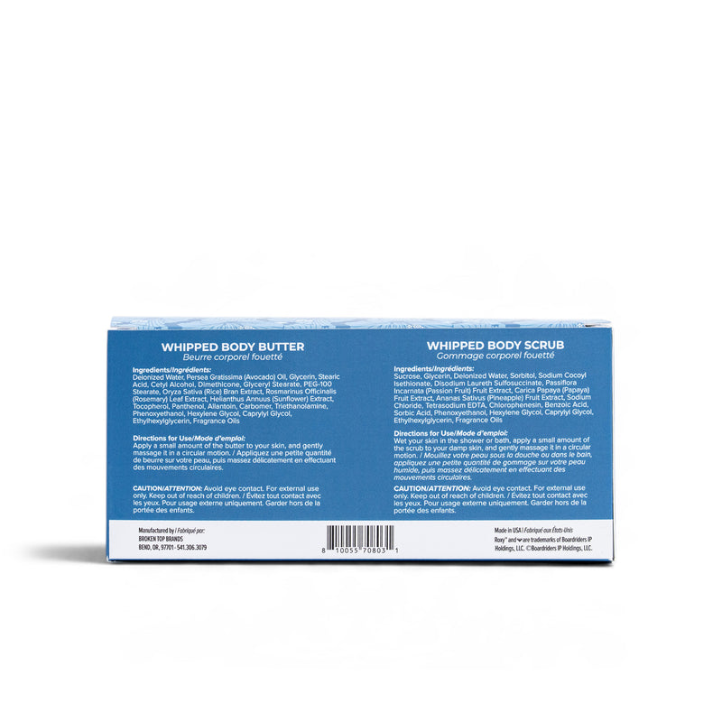 Back of a rectangular Frost Rush Holiday Luxury Spa Set product box featuring ingredients and directions in English and French for a whipped body butter and body scrub, with a barcode centered at the bottom.