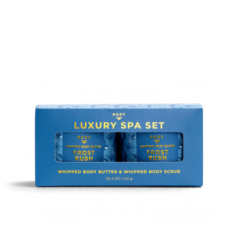 A Frost Rush Holiday Luxury Spa Set containing a container of whipped body butter and a container of whipped body scrub.
