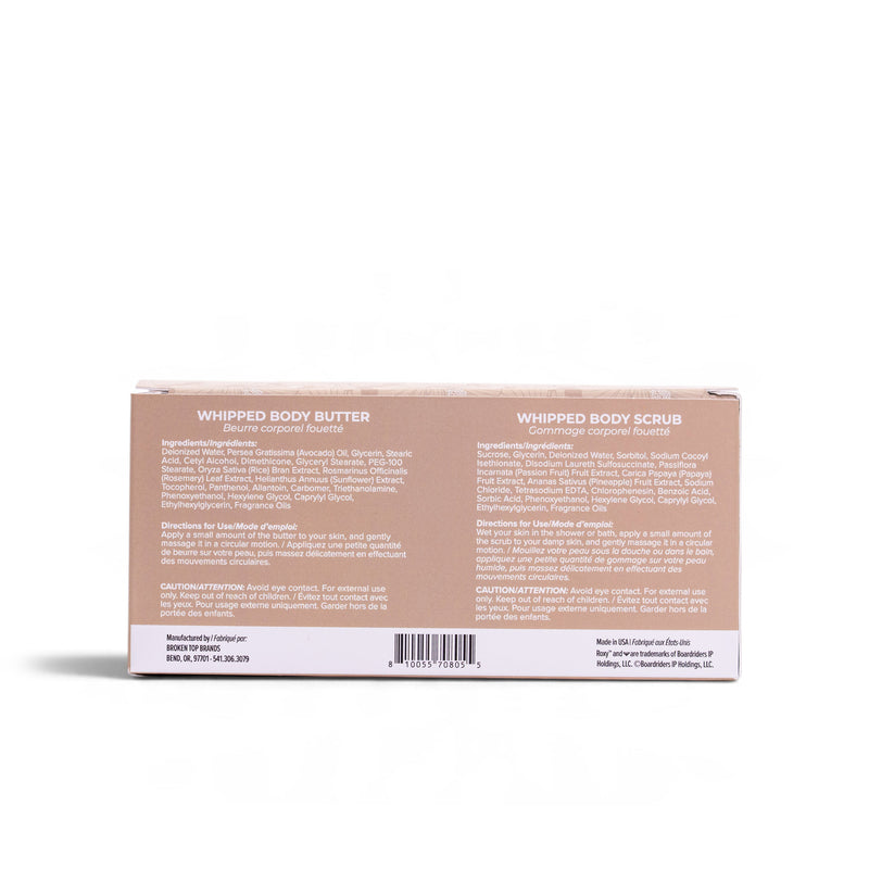 Back view of a Vanilla Solstice Holiday Luxury Spa Set box containing whipped body butter and whipped body scrub, displaying ingredients and usage instructions in English and French.