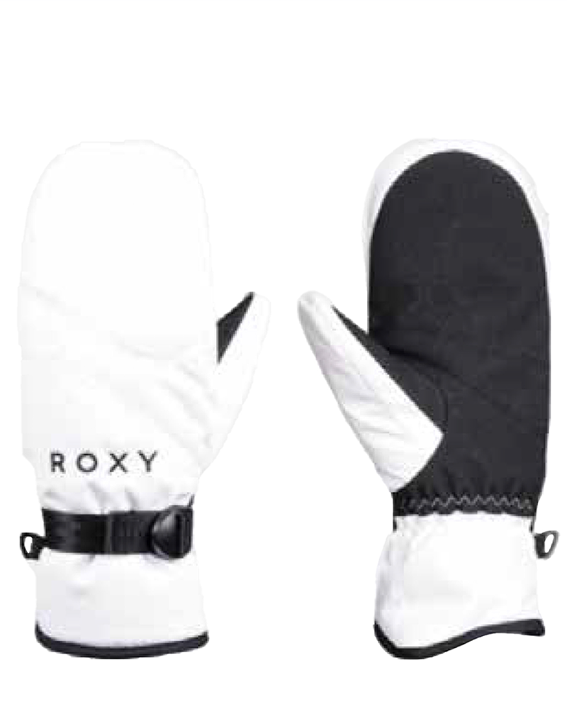 The Roxy Jetty Solid Mitt is an insulated white winter mitten with black palms and accents. The left features the ROXY logo and an adjustable wrist strap. Both women's snowboard mittens have black elastic cuffs for a snug fit.