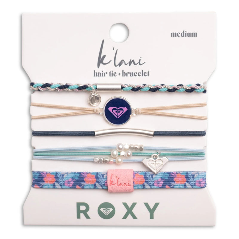 The K'lani x Roxy Hair Tie Bracelet set includes five colorful braided, beaded, and patterned ties with a heart charm and round logo—ideal for adding a playful touch to your coastal-inspired activewear.