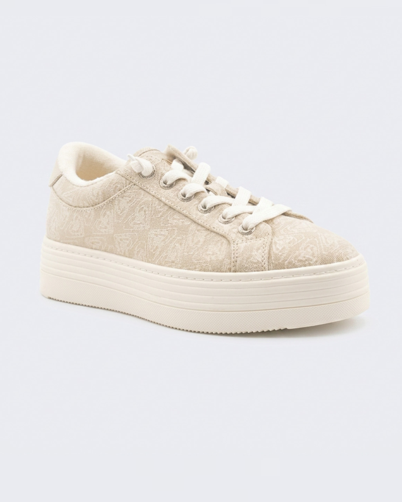 The Roxy Sheilahh 2.0 Sneaker features a beige textured fabric upper, white laces, and a thick platform sole, shown against a plain light background.