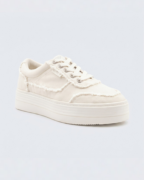 The Roxy Sheilahh 2.0 Sneaker features a white design with frayed edges, white laces, and a thick textured sole, shown against a light background.