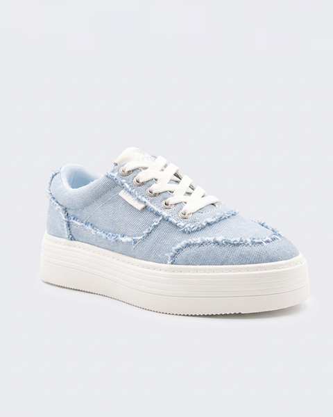 The Roxy Sheilahh 2.0 Sneaker features light blue denim with frayed edges, white laces, and a chunky white rubber sole, shown against a plain light background.