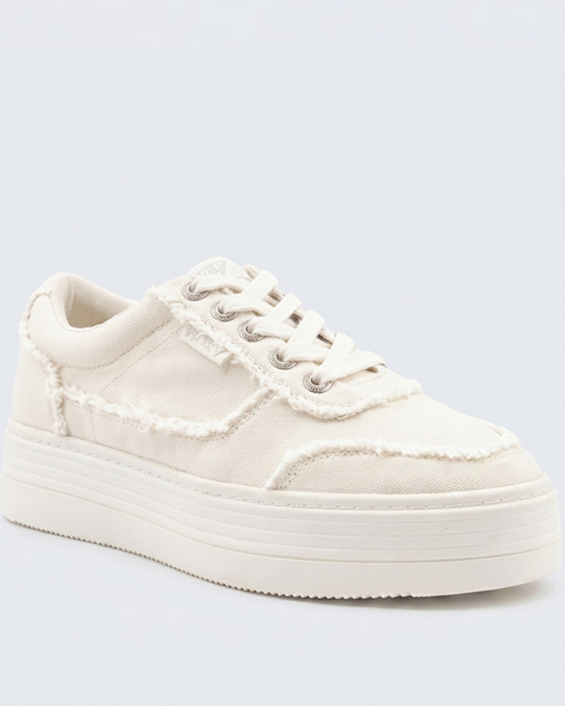 The Sheilahh 2.0 Sneaker by Roxy features a cream color, thick sole, frayed edges, and textured fabric details, displayed at an angle on a light background.