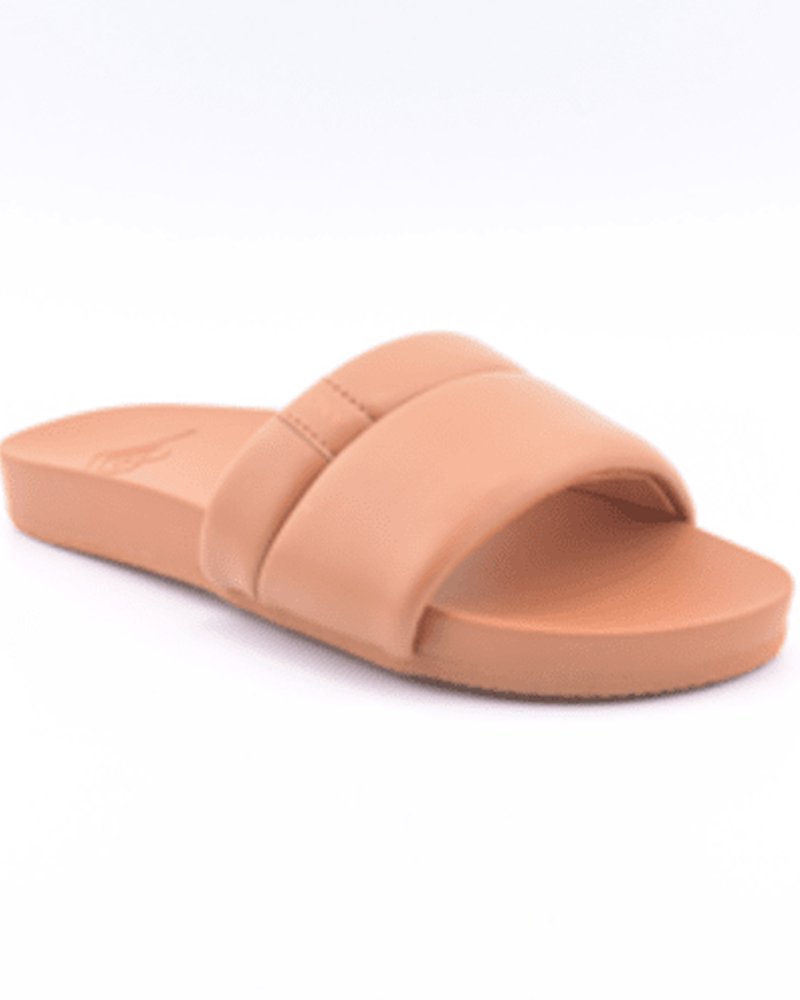A tan Roxy Slipin Slide Sandal featuring a wide, padded strap and cushioned flat footbed, shown on a white background.