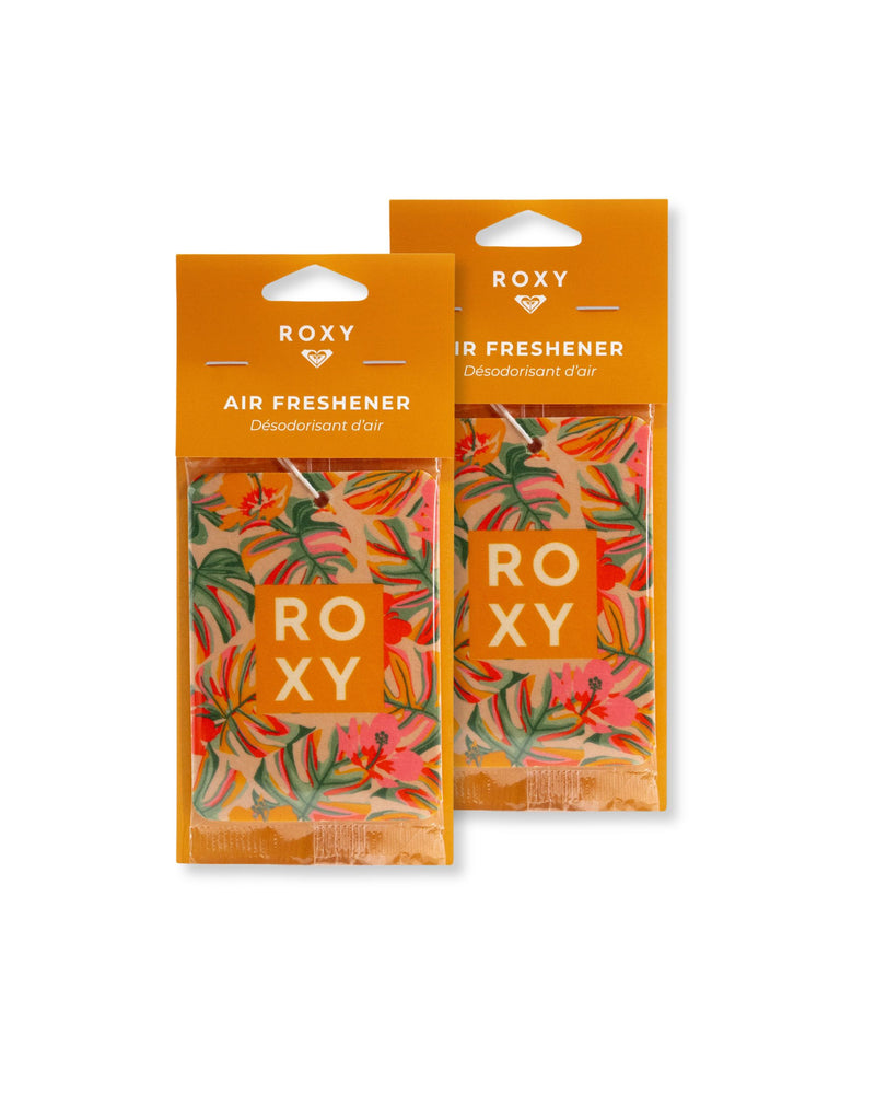 Two ROXY Air Freshener 2-Pack Variety Packs featuring vibrant orange packaging with tropical leaf designs and bold white ROXY branding, each pack delivering a sunlit blend of juicy papaya and creamy sandalwood scents.