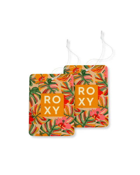 This Air Freshener 2-Pack Variety Pack by ROXY features two rectangular fresheners showcasing vibrant tropical floral patterns and the ROXY logo in bold white letters on a yellow square. Each comes with a white hanging string and is infused with the sunlit fragrance of juicy papaya and creamy sandalwood, creating an uplifting paradise-inspired atmosphere wherever they’re placed.