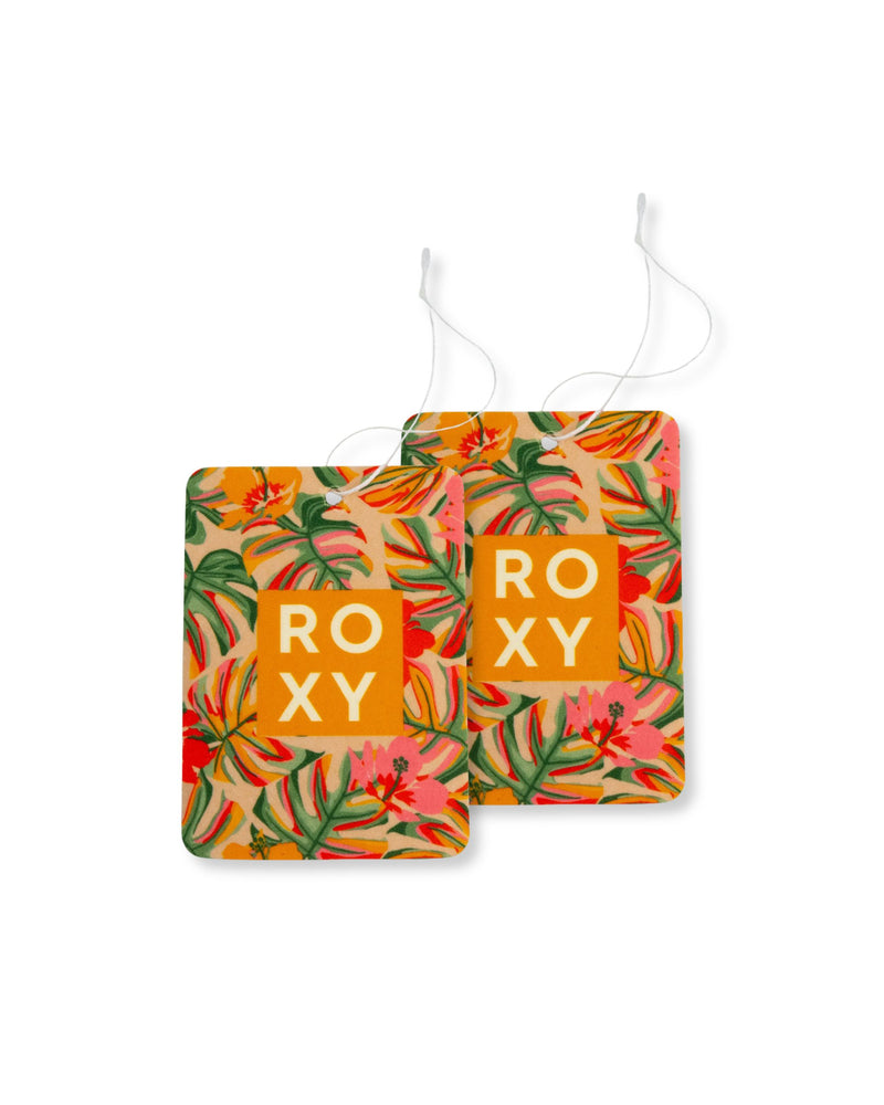 This Air Freshener 2-Pack Variety Pack by ROXY features two rectangular fresheners showcasing vibrant tropical floral patterns and the ROXY logo in bold white letters on a yellow square. Each comes with a white hanging string and is infused with the sunlit fragrance of juicy papaya and creamy sandalwood, creating an uplifting paradise-inspired atmosphere wherever they’re placed.