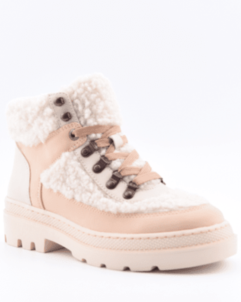The Roxy Venture Out Lace-Up Hiker Boot features a beige and cream design with a thick sole, faux shearling trim, and metal eyelets—crafted for warmth and comfort on your outdoor adventures.