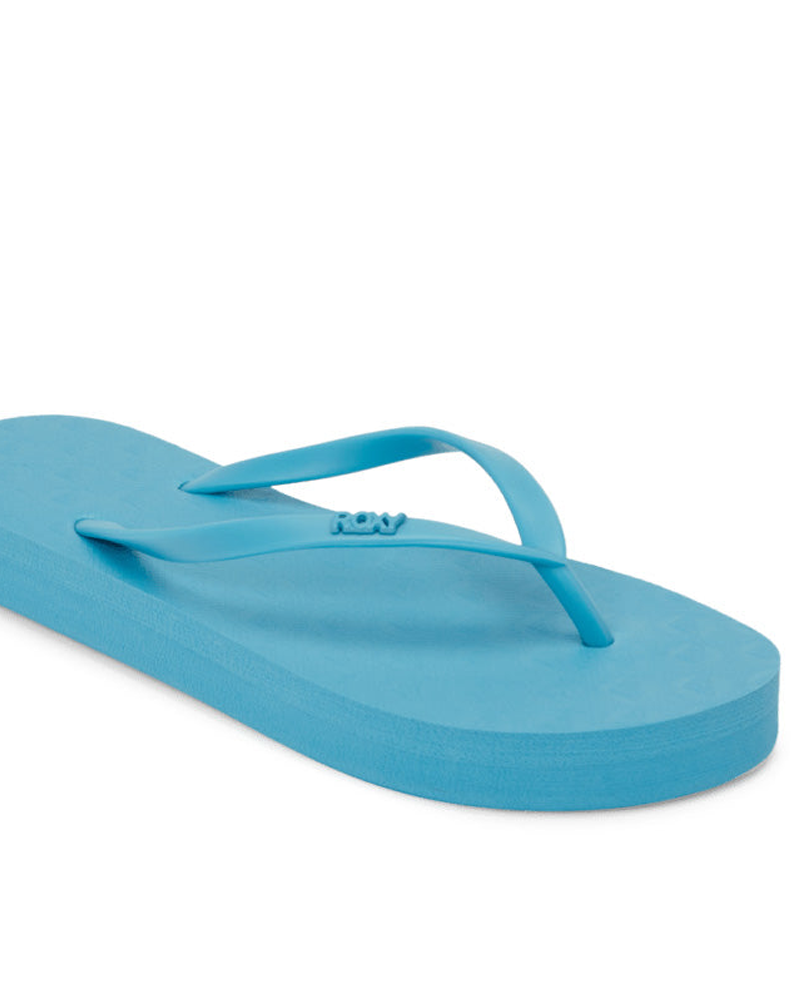 The Roxy Viva Higher Sandal is a blue flip-flop featuring a textured footbed and simple thong straps, shown against a white background.
