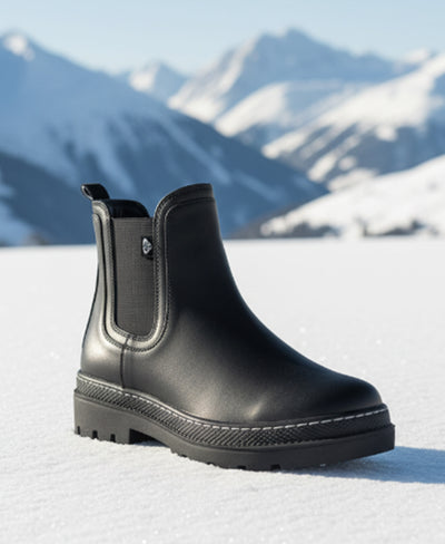 Black Chelsea boot on a snowy surface with mountains in the background