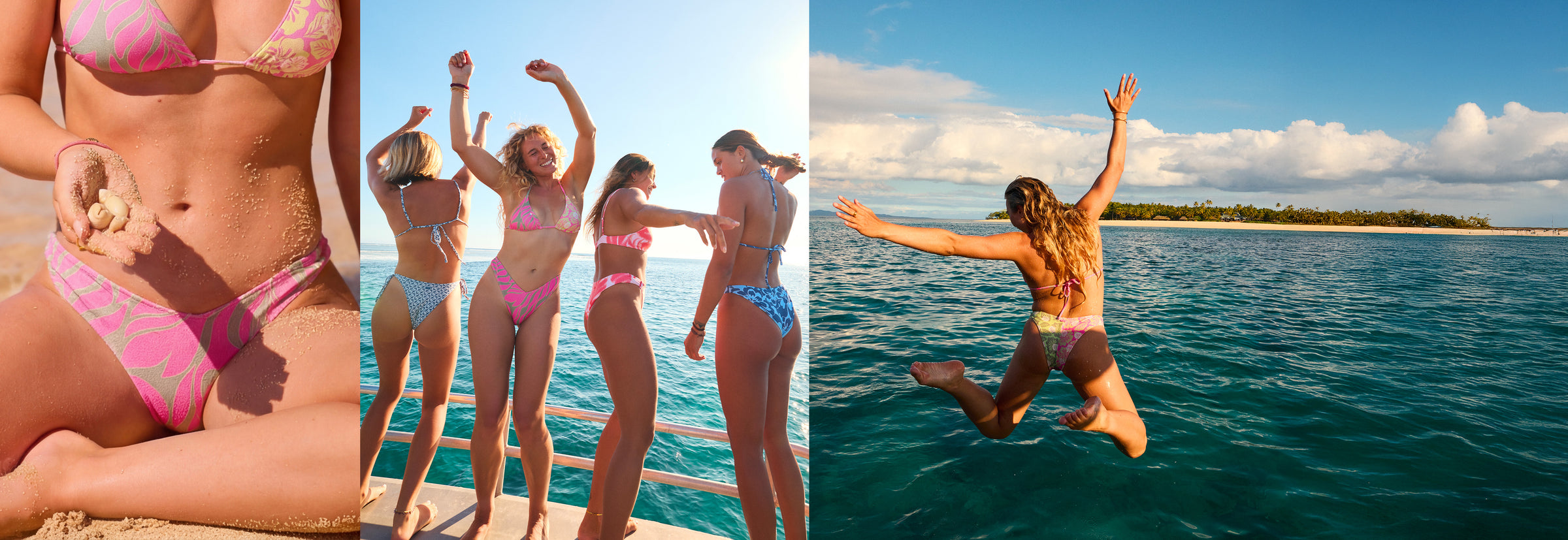 People in swimsuits on a dock and a person jumping into the ocean.