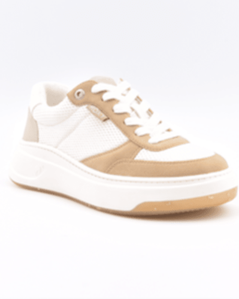 The Roxy Carver Sneaker is a white and tan low-top with a mesh side texture, white sole, and white laces, shown against a plain light background.
