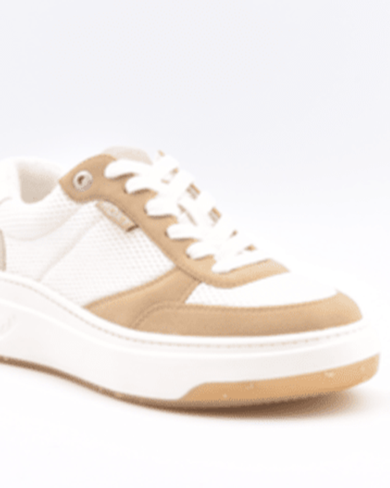 The Roxy Carver Sneaker showcases white mesh and beige suede panels, white laces, and a thick white sole with a light brown outsole, displayed against a plain light background.